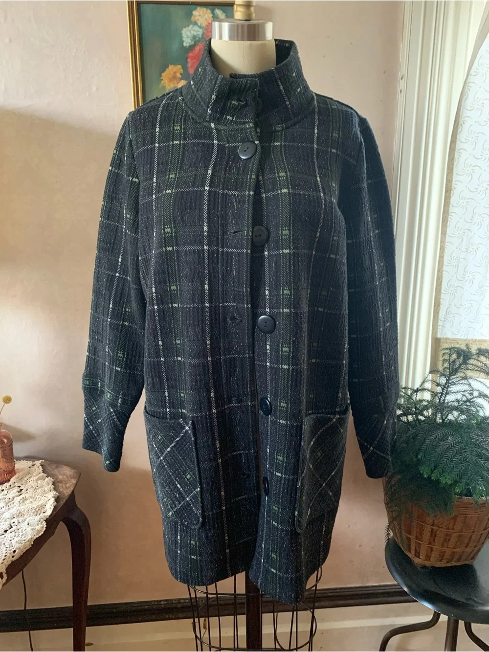 HABITAT Speckled Textured Black and Green Plaid Car Coat Jacket